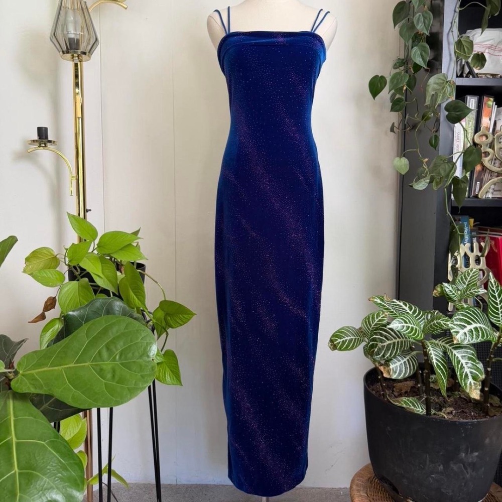Vintage 90s LA Glo Blue Velvet Glitter Sequin Lace Up Back Maxi Dress Small
